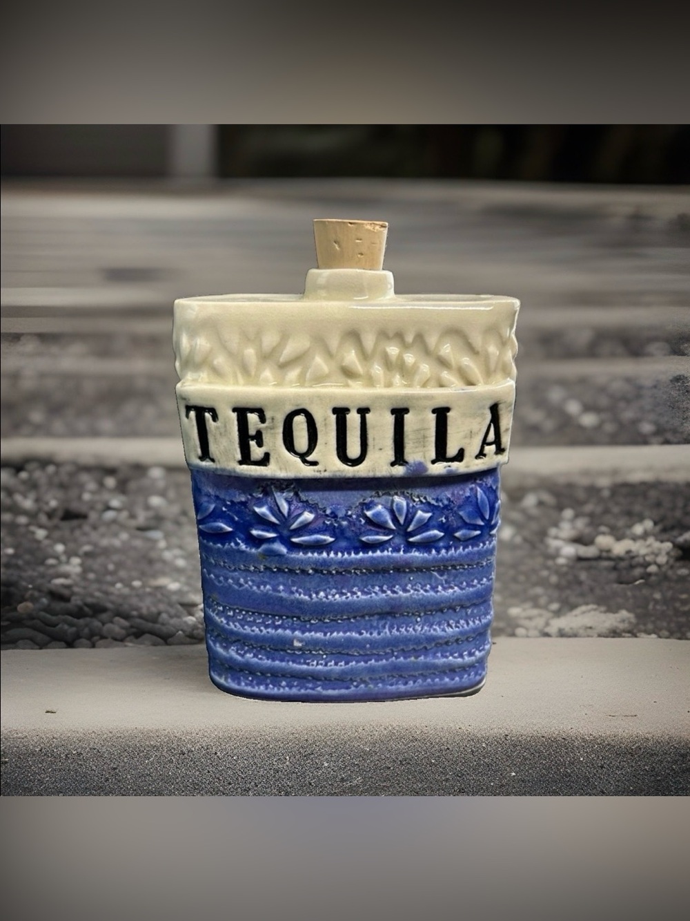 WrongWorldCeramics Ceramic Flask Tequila Handmade Textured Blue Off White Unique